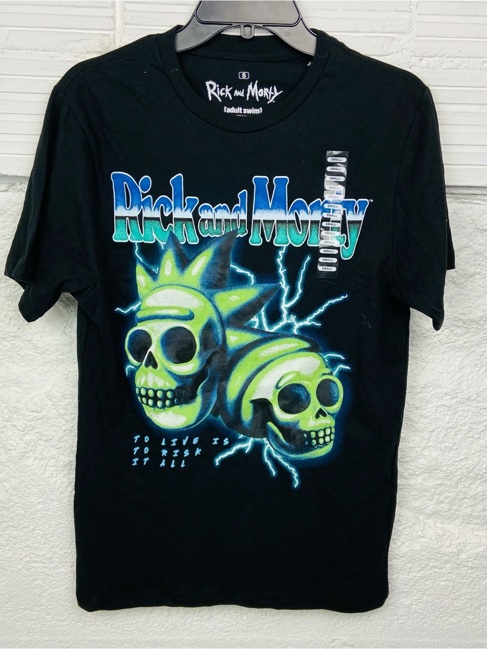 NWT Rick and Morty adult swim Neon Skull Graphic Tee to live is to risk it all S